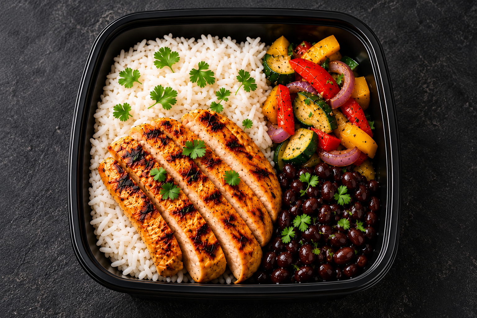 Cilantro lime chicken bowl with white rice, black beans and sautéed vegetables in a black meal prep container