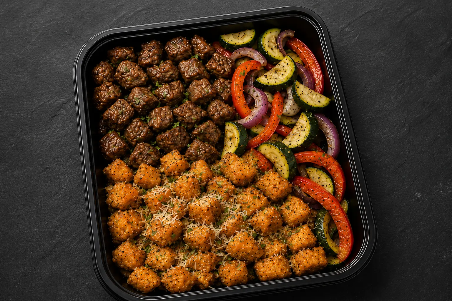 Steak bites with parmesan-crusted sweet potatoes, zucchini, bell peppers and purple onions