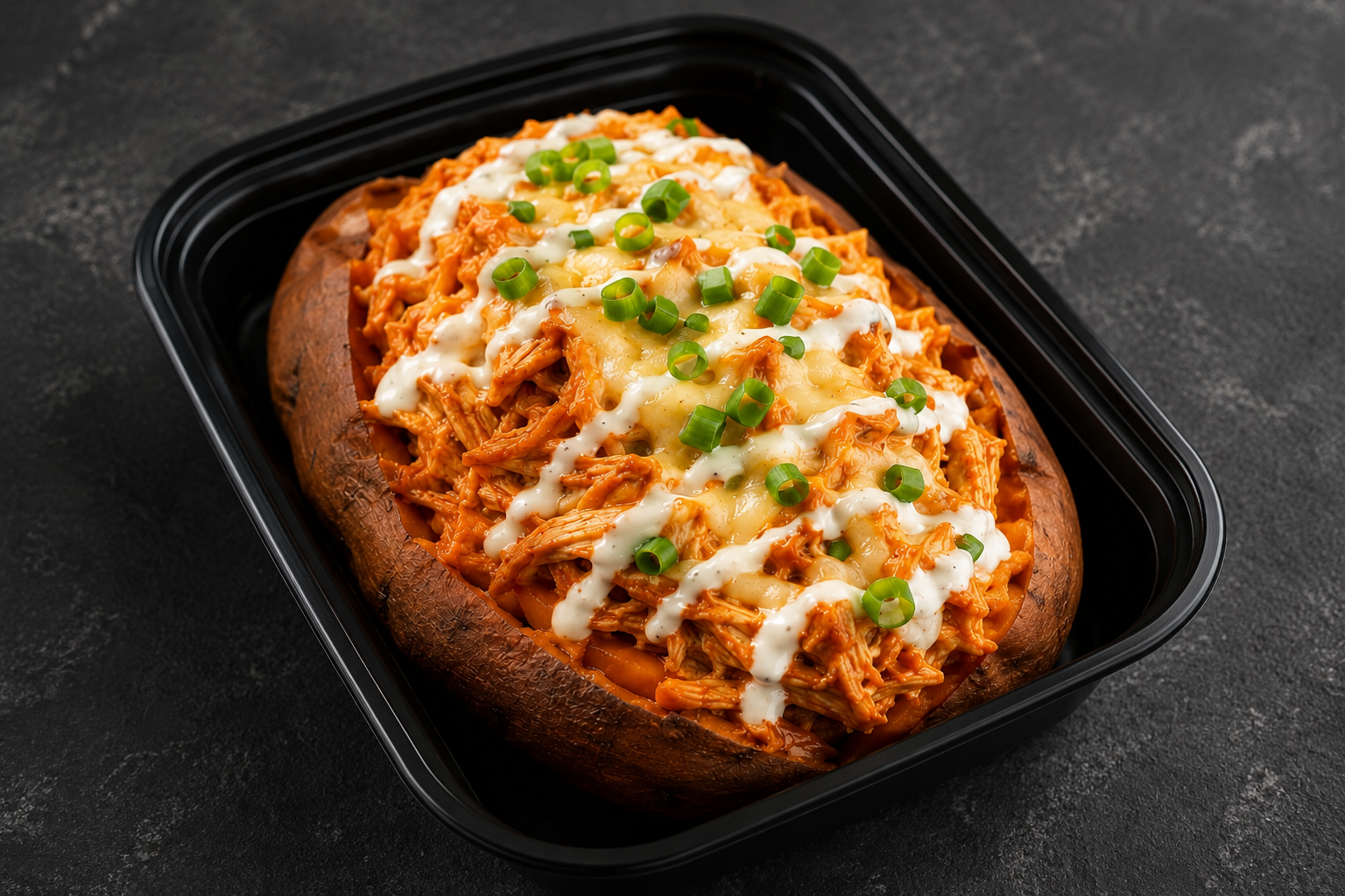Buffalo chicken stuffed roasted sweet potato with melted cheese, green onions and ranch drizzle