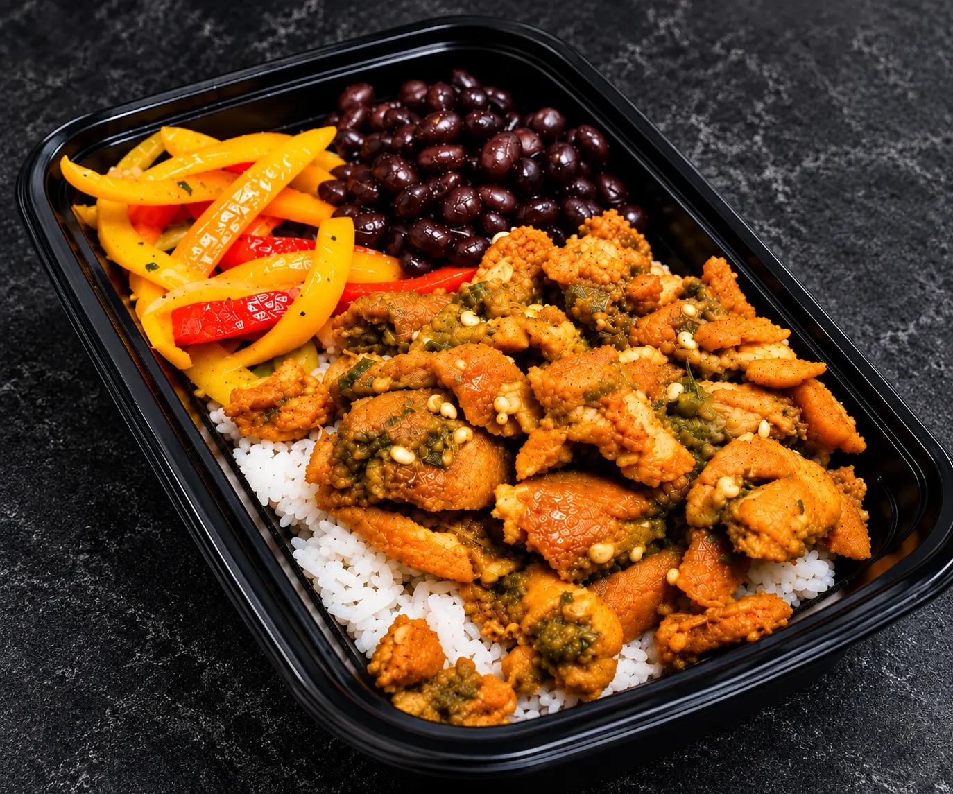 Chicharrón in spicy green sauce with rice, black beans and peppers in a black meal-prep container on a charcoal background