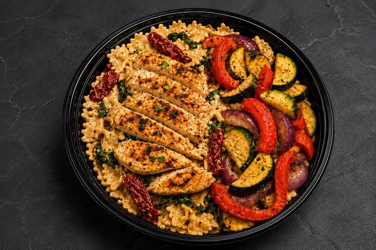 Marry Me pasta bowl with sliced chicken, sun-dried tomatoes, spinach and roasted vegetables