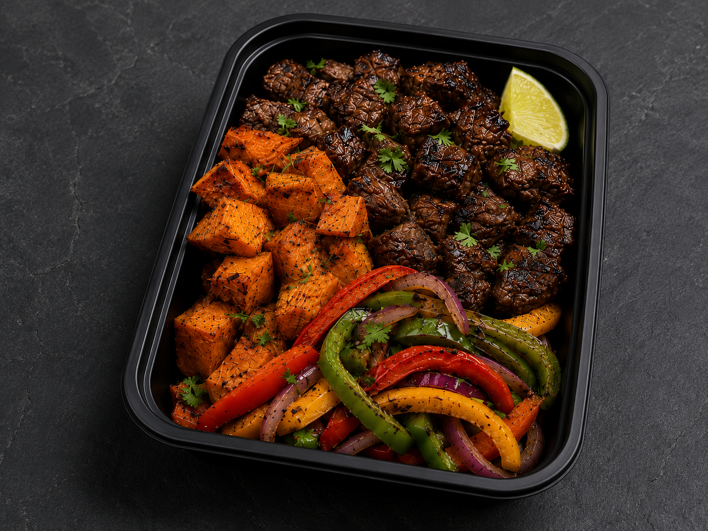 Grilled carne asada with roasted sweet potatoes and sautéed vegetables in a meal prep container