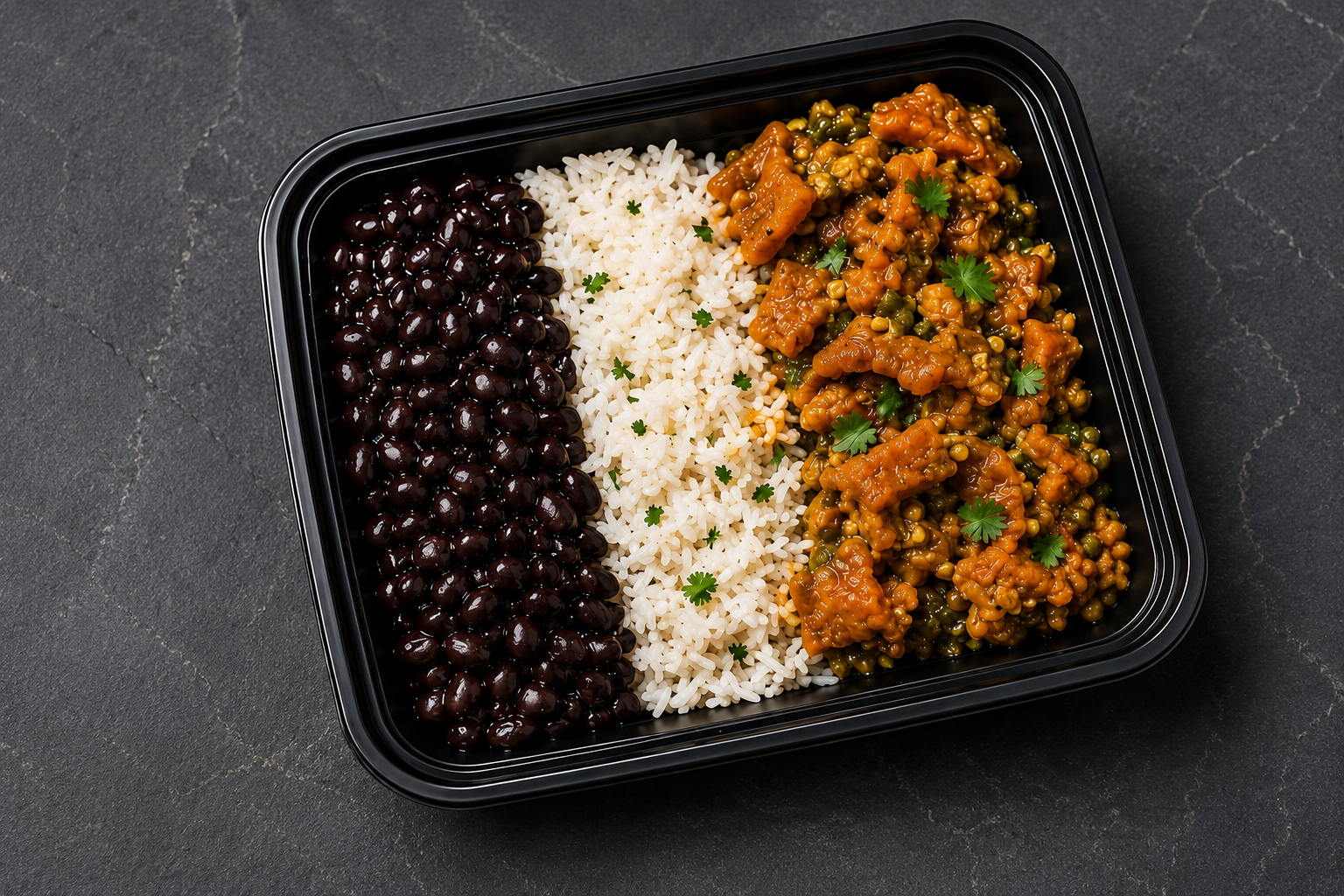 Spicy chicharron in salsa verde with white rice and black beans
