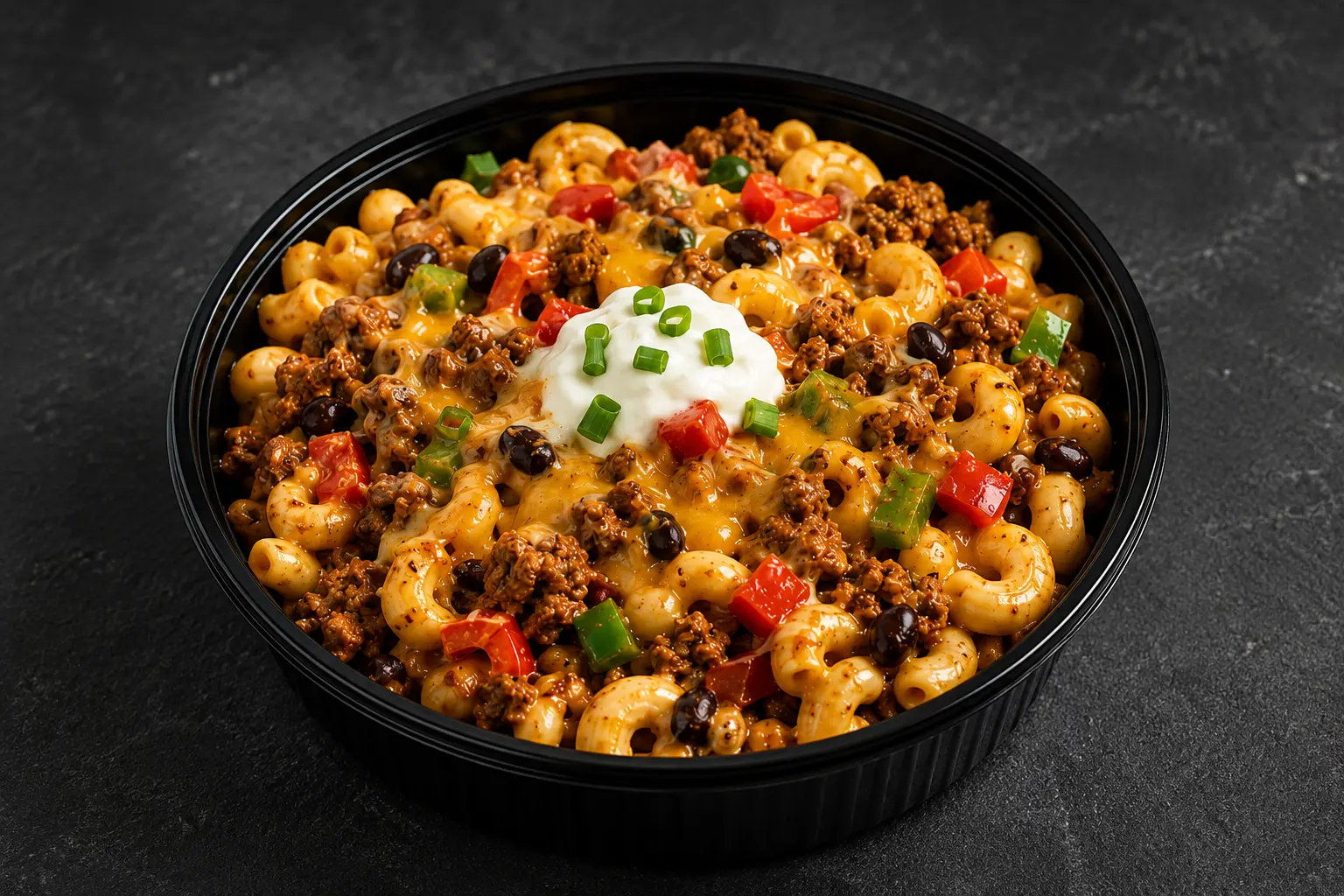 Cheesy Taco Mac Bowl with seasoned beef, pasta, black beans, tomatoes, peppers and melted cheese