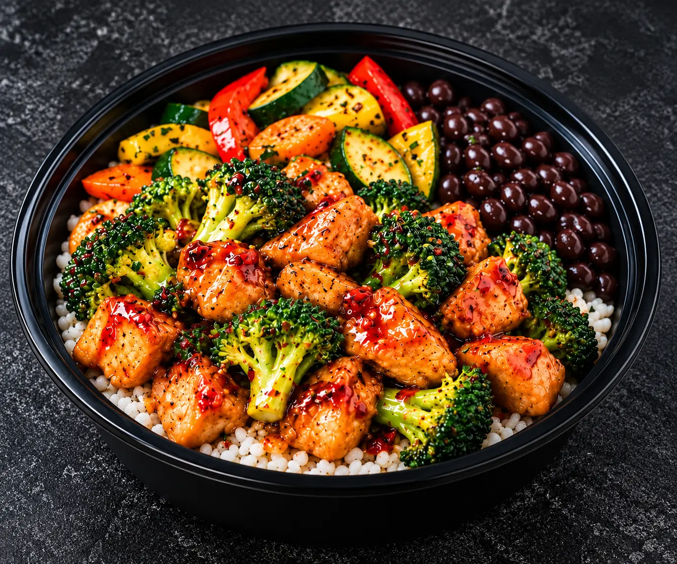 Sweet and spicy glazed chicken with broccoli, rice, black beans and roasted vegetables in a black bowl on a charcoal background