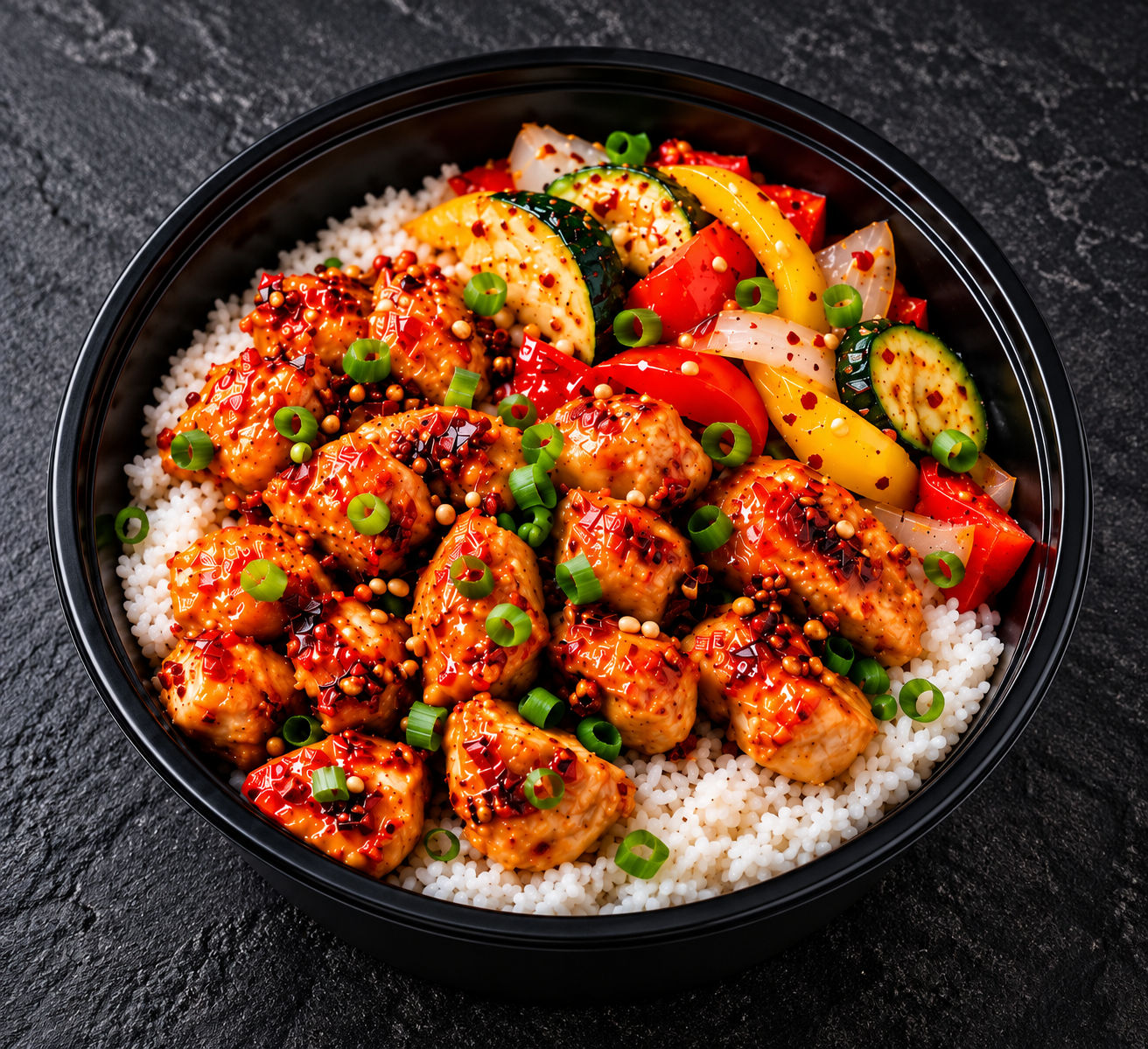 Chili crunch honey chicken over rice with grilled zucchini, peppers and onions