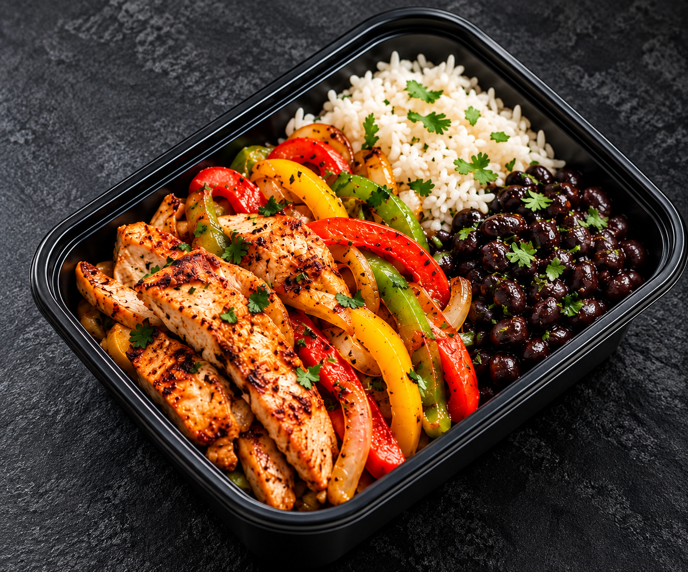 Chicken Fajita Bowl meal prep with grilled chicken, peppers and onions, white rice and black beans