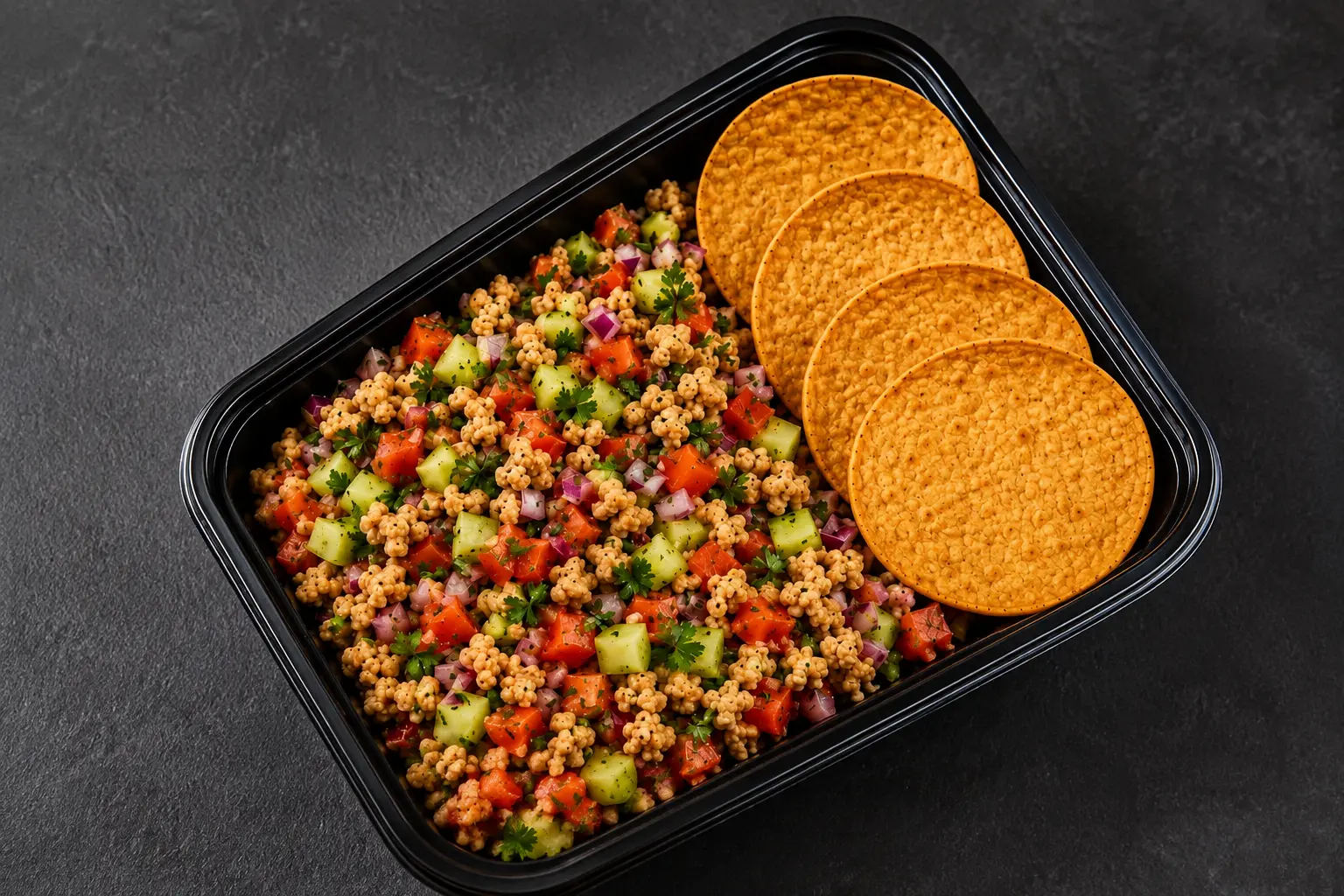 Soy ceviche meal prep with cucumber, red onion, cilantro and baked tortillas
