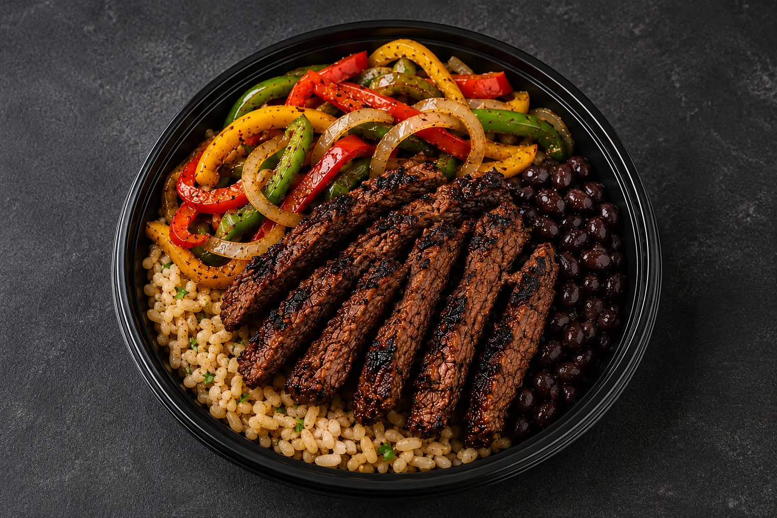 Steak Fajitas Bowl meal prep with peppers, onions, rice and black beans