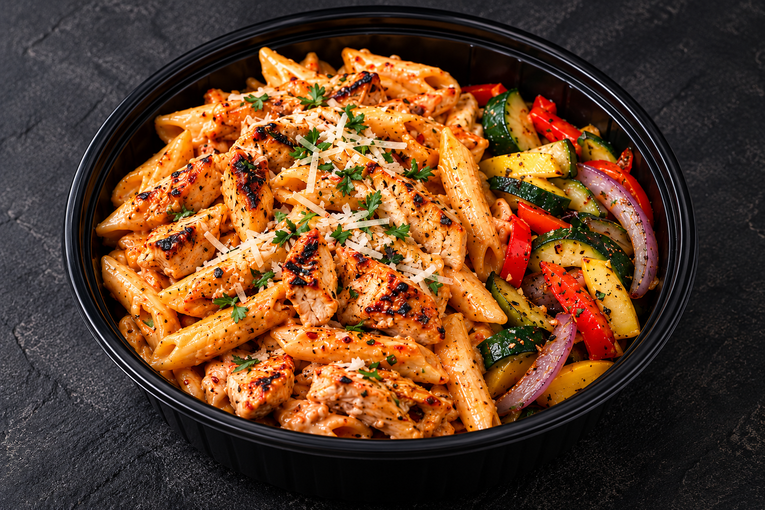 Chipotle chicken penne pasta with grilled chicken, Parmesan and sautéed vegetables