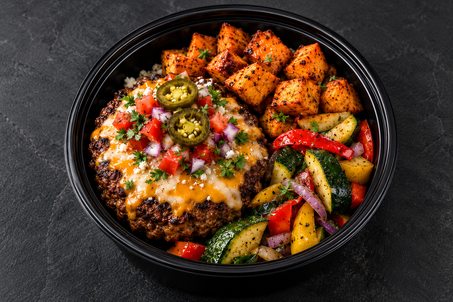 Mexican burger bowl with a seasoned patty, melted cheese, roasted sweet potatoes, sautéed vegetables, tomato, red onion, jalapeño and cilantro