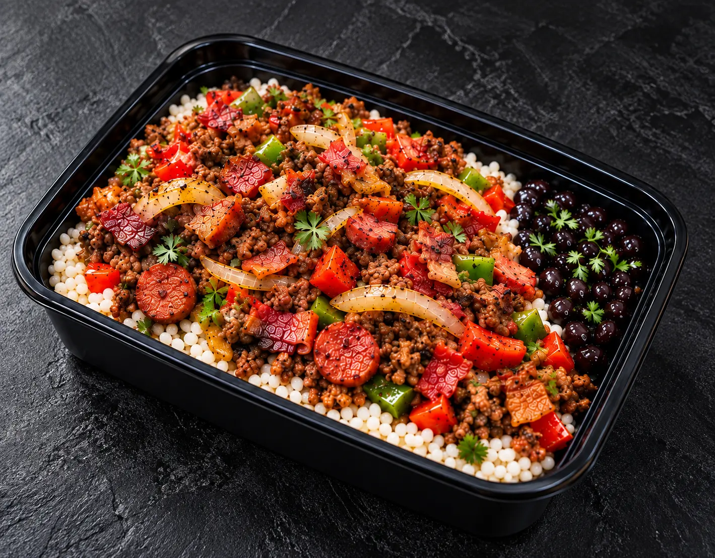 Discada with peppers, onions, seasoned grains and black beans in a black rectangular meal prep container