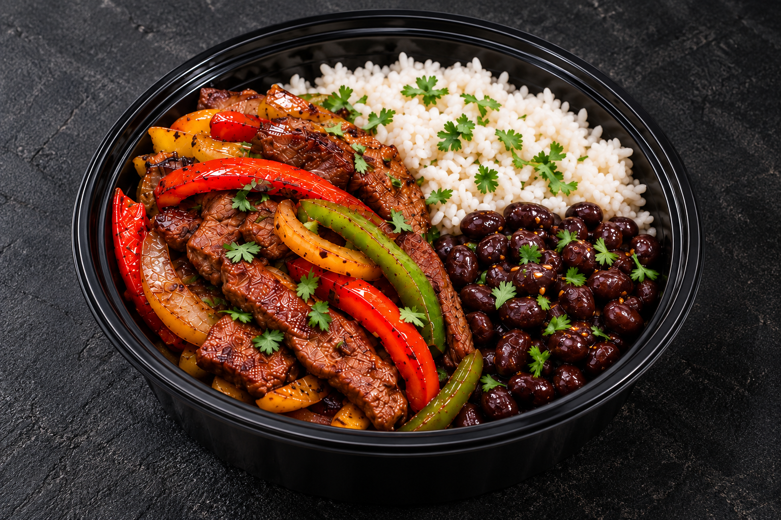 Steak fajitas meal prep with sautéed peppers and onions, rice and black beans