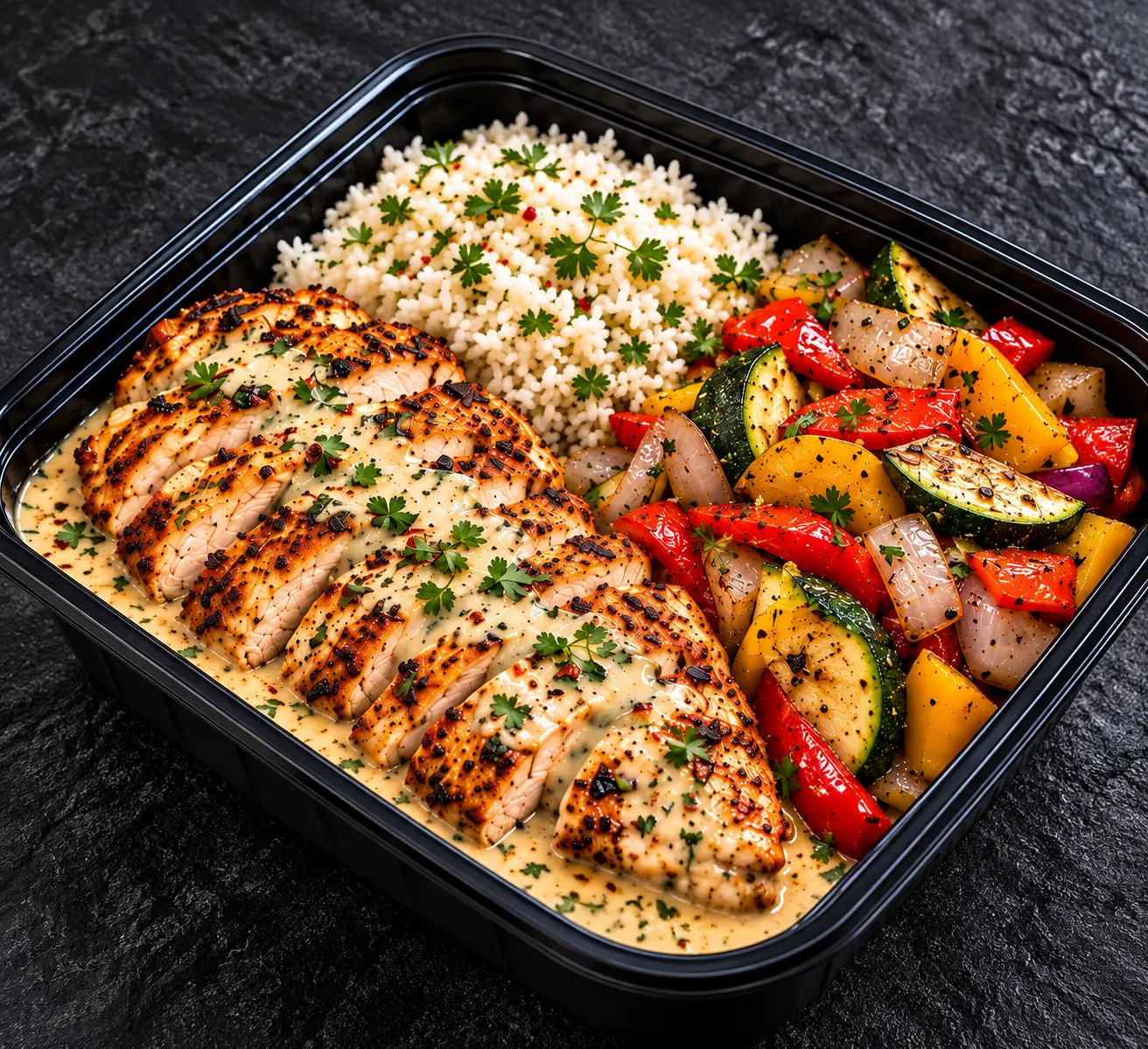 Cajun chicken breast with creamy garlic herb sauce over white rice with grilled vegetables and black beans