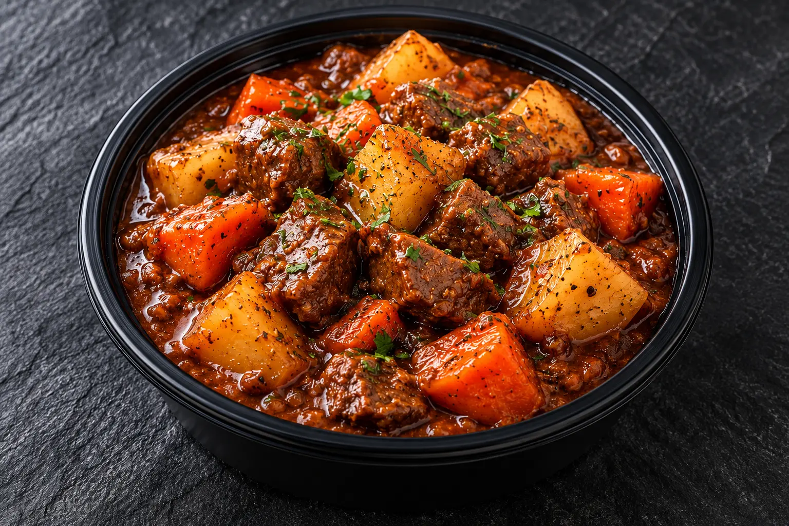 Tender beef stew with potatoes and carrots in savory gravy in a black bowl on a charcoal background