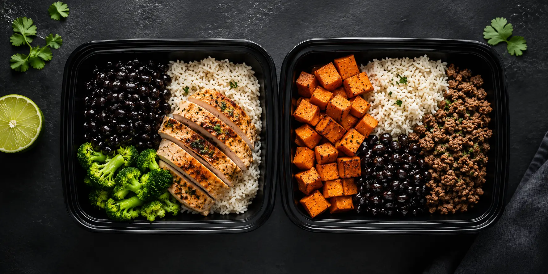 Freshly prepared meal-prep containers with cilantro lime chicken and sweet potato beef on a dark slate surface