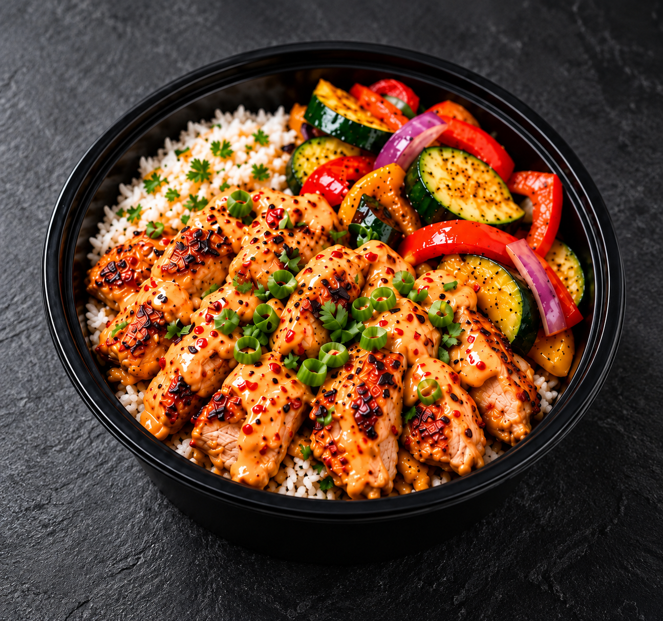 Bang bang chicken over white rice with grilled zucchini, peppers, tomatoes and onion in a black meal prep bowl