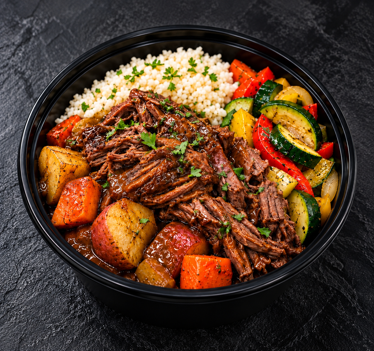 Shredded pot roast with potatoes, carrots, zucchini, peppers and grains in a black meal prep bowl