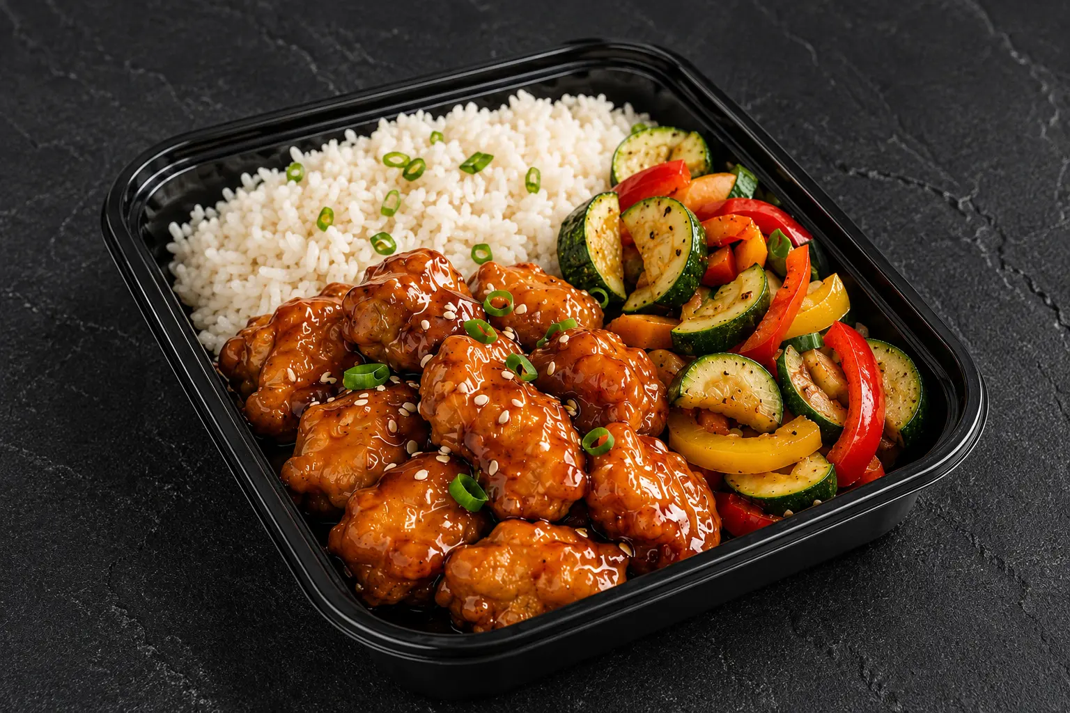 Glazed orange chicken with white rice, sautéed zucchini and mixed vegetables