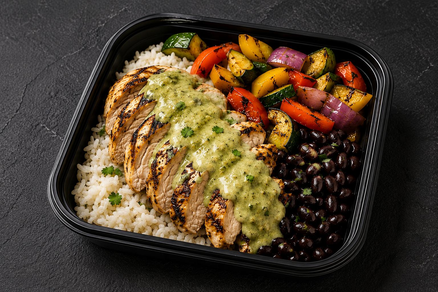 Grilled chicken in creamy poblano sauce over white rice with grilled vegetables and black beans