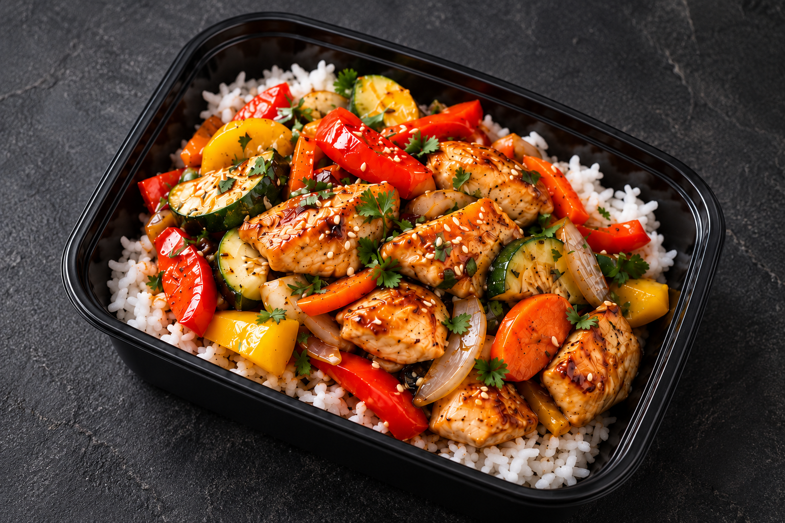 Chicken stir fry with white rice and sautéed mixed vegetables in a black meal prep container