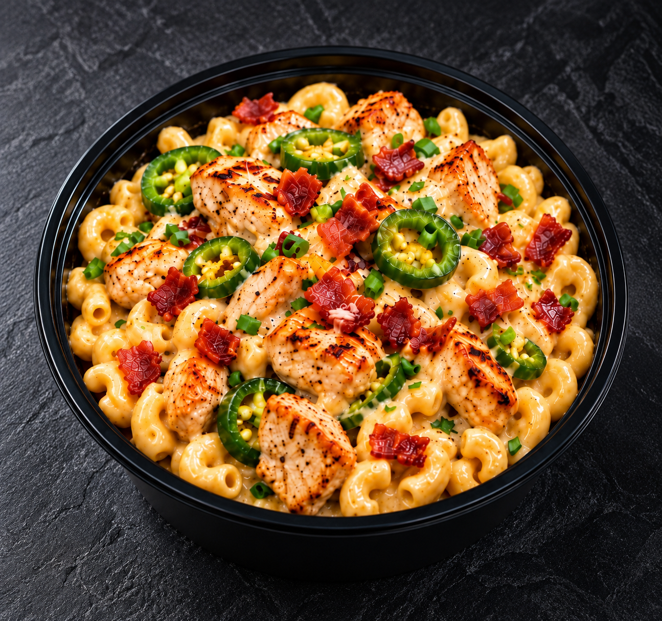 Creamy pasta with grilled chicken, sliced jalapeños, bacon and green onions in a black meal prep bowl