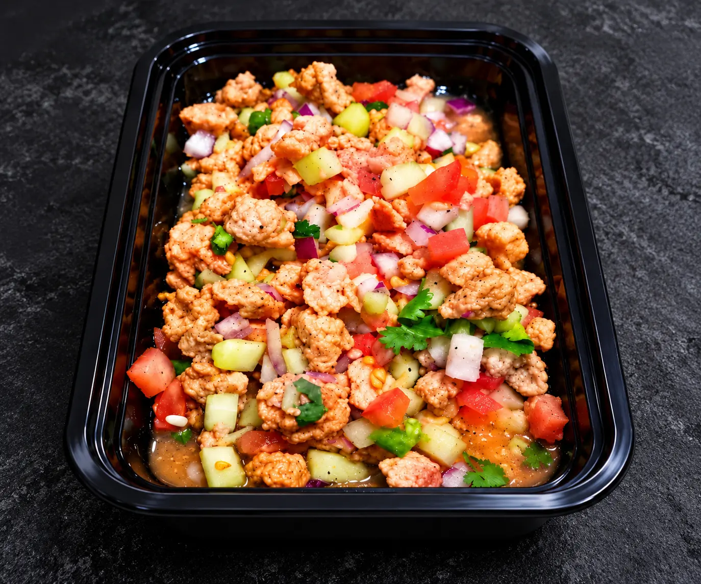 Soy ceviche with diced cucumber, tomato, red onion and cilantro in a black rectangular meal-prep container on a charcoal background