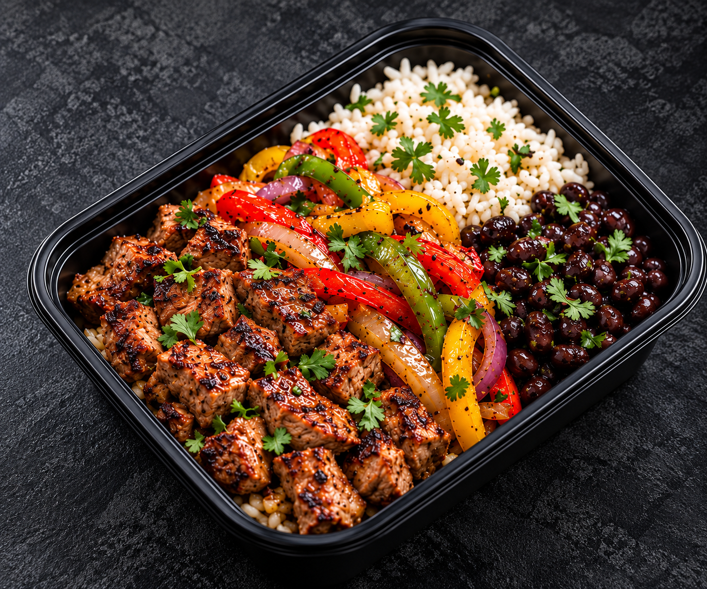 Carne Asada Rice Bowl meal prep with grilled steak, peppers and onions, white rice and black beans