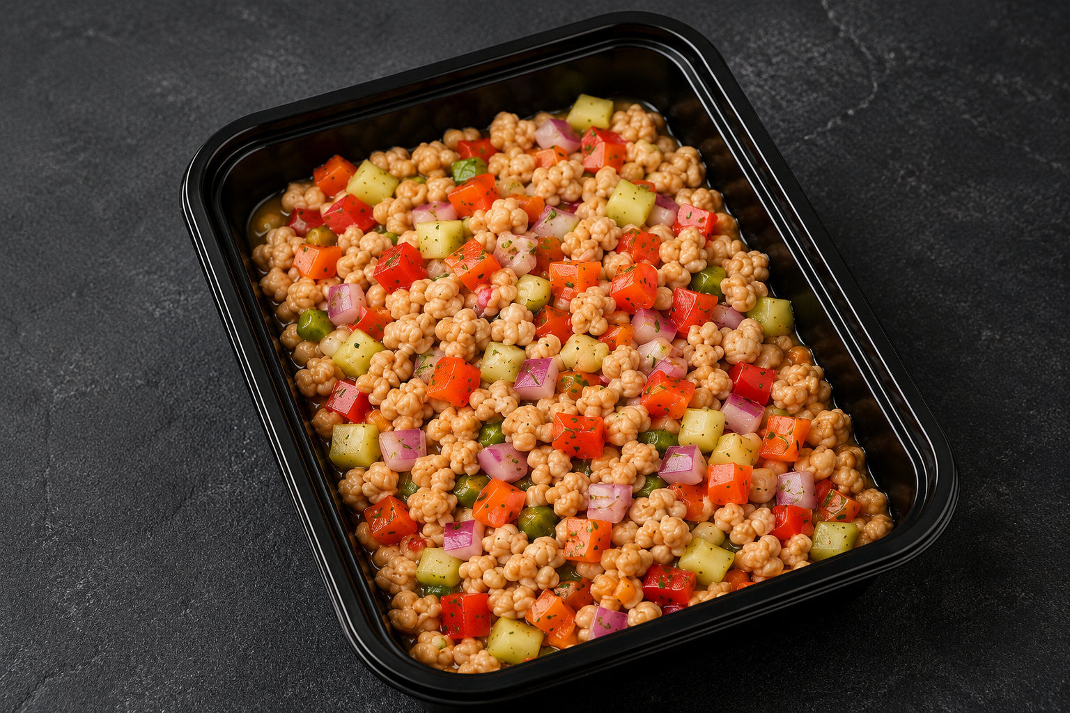 Soy ceviche with diced cucumber, tomato, red onion and carrot in a meal prep container