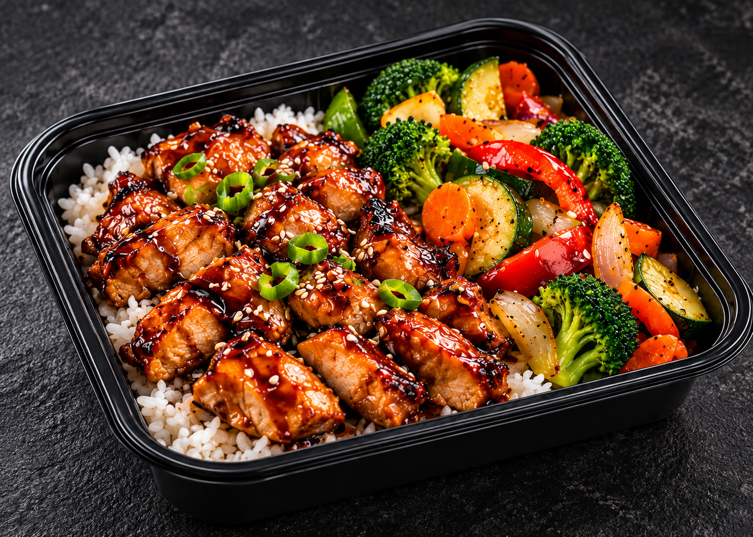 Chicken Teriyaki meal prep with glazed chicken, white rice, broccoli, zucchini, carrots and bell peppers