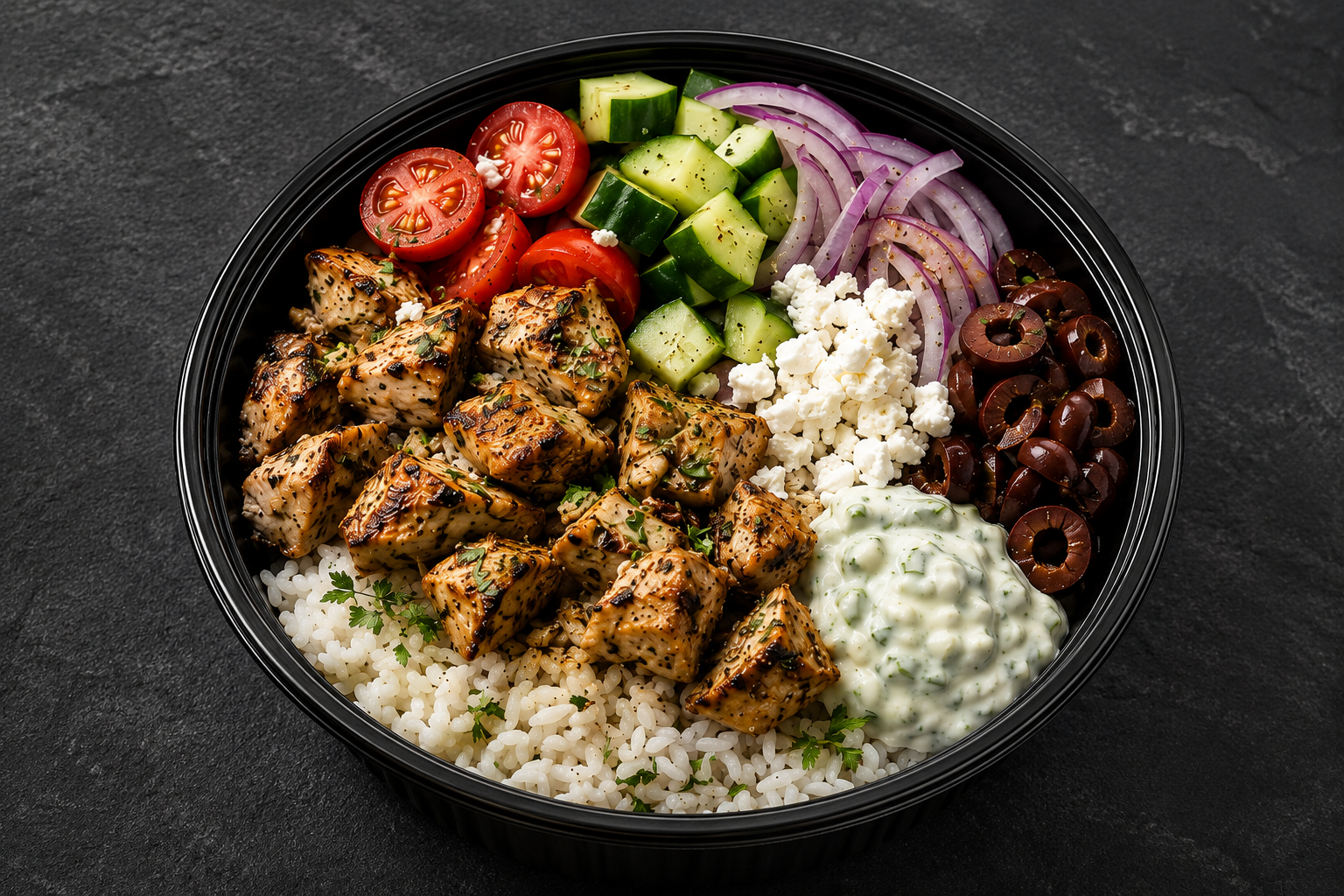 Greek Mediterranean Chicken Bowl with grilled chicken, rice, cucumber, tomatoes, olives, feta and tzatziki