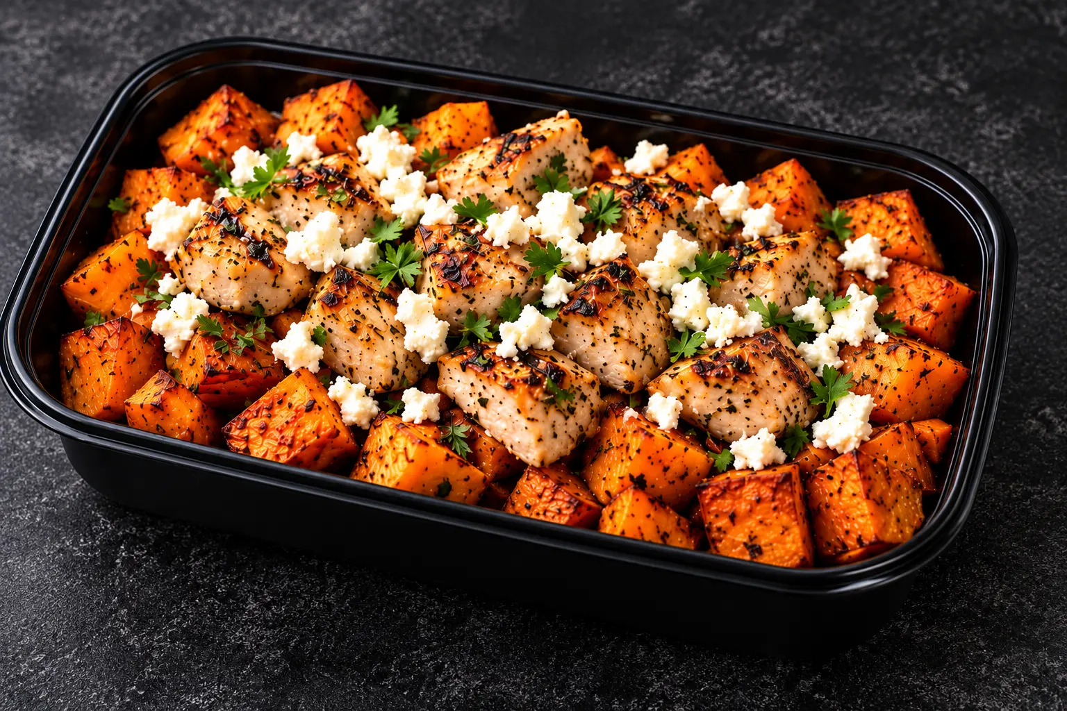 Grilled chicken with roasted sweet potato cubes and crumbled feta in a black meal-prep container on a charcoal background