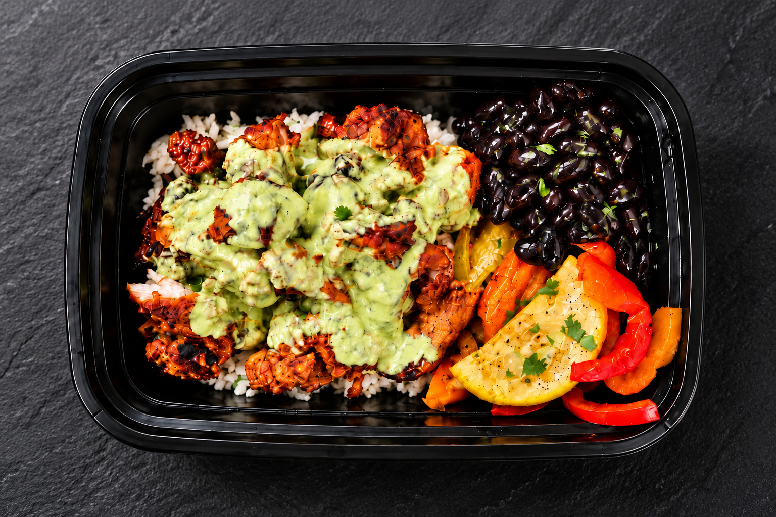 Grilled Peruvian-style chicken with green Aji Verde sauce, rice and roasted vegetables in a black meal prep bowl