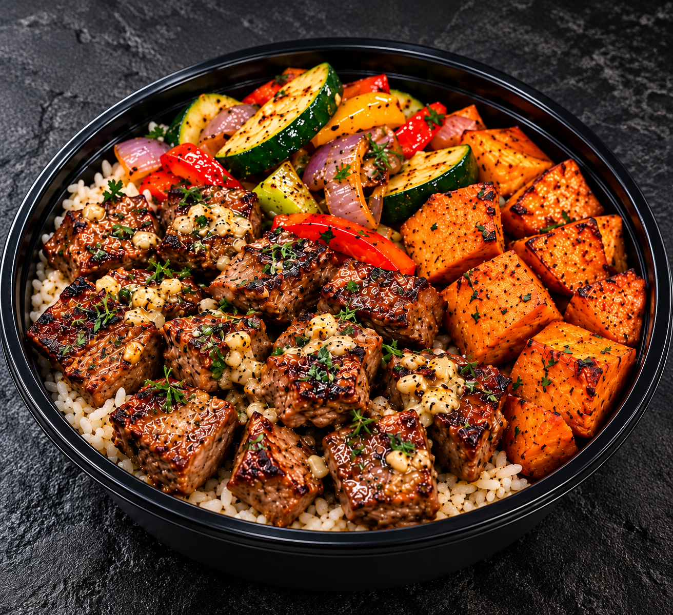 Garlic butter steak bites with sweet potato cubes, rice, zucchini, bell peppers and red onion in a black meal prep bowl
