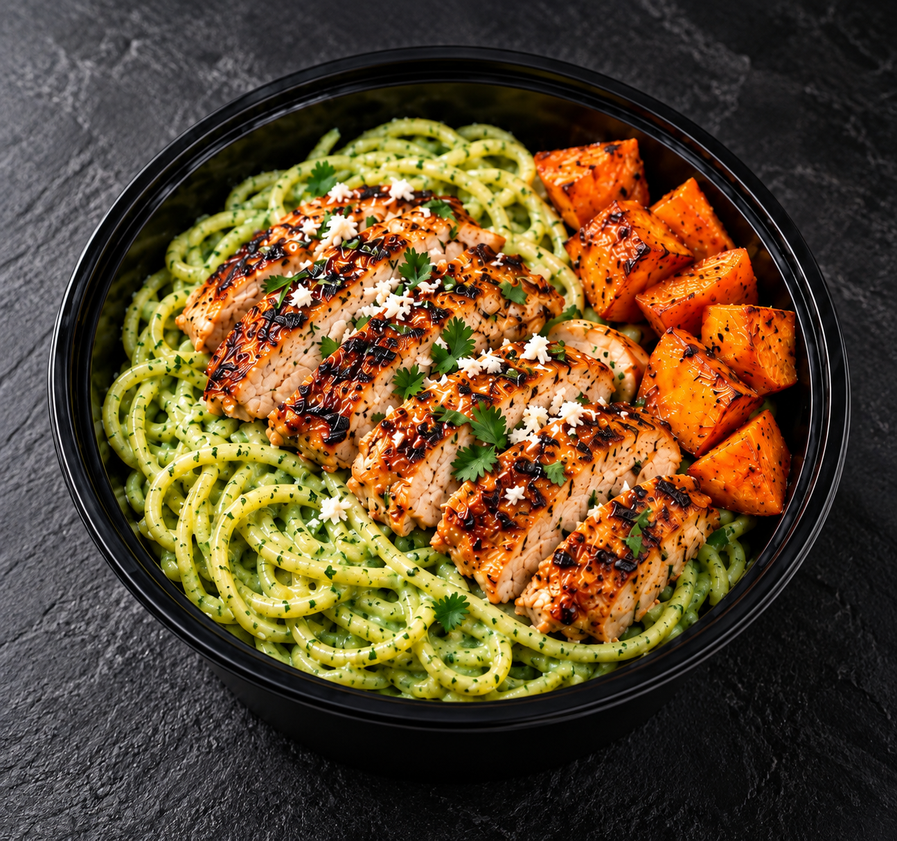 Grilled chicken over green poblano spaghetti with roasted sweet potato in a black meal prep bowl