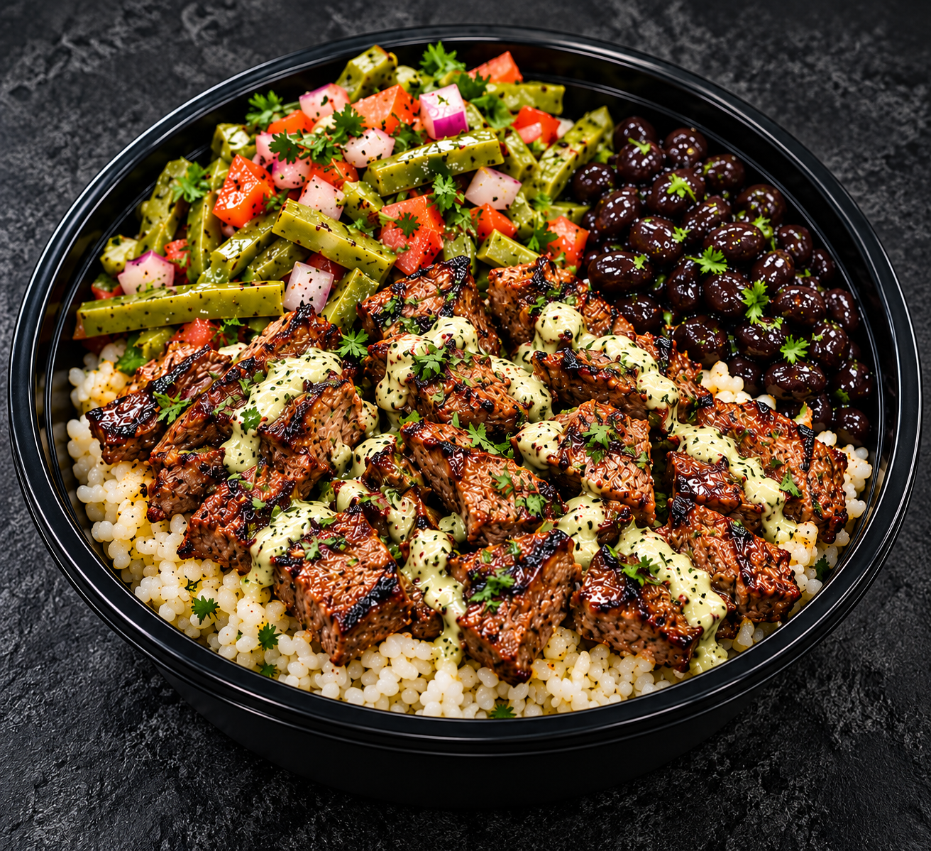 Carne Asada Loaded Bowl meal prep with grilled steak, rice, green vegetables, tomatoes, black beans and creamy sauce