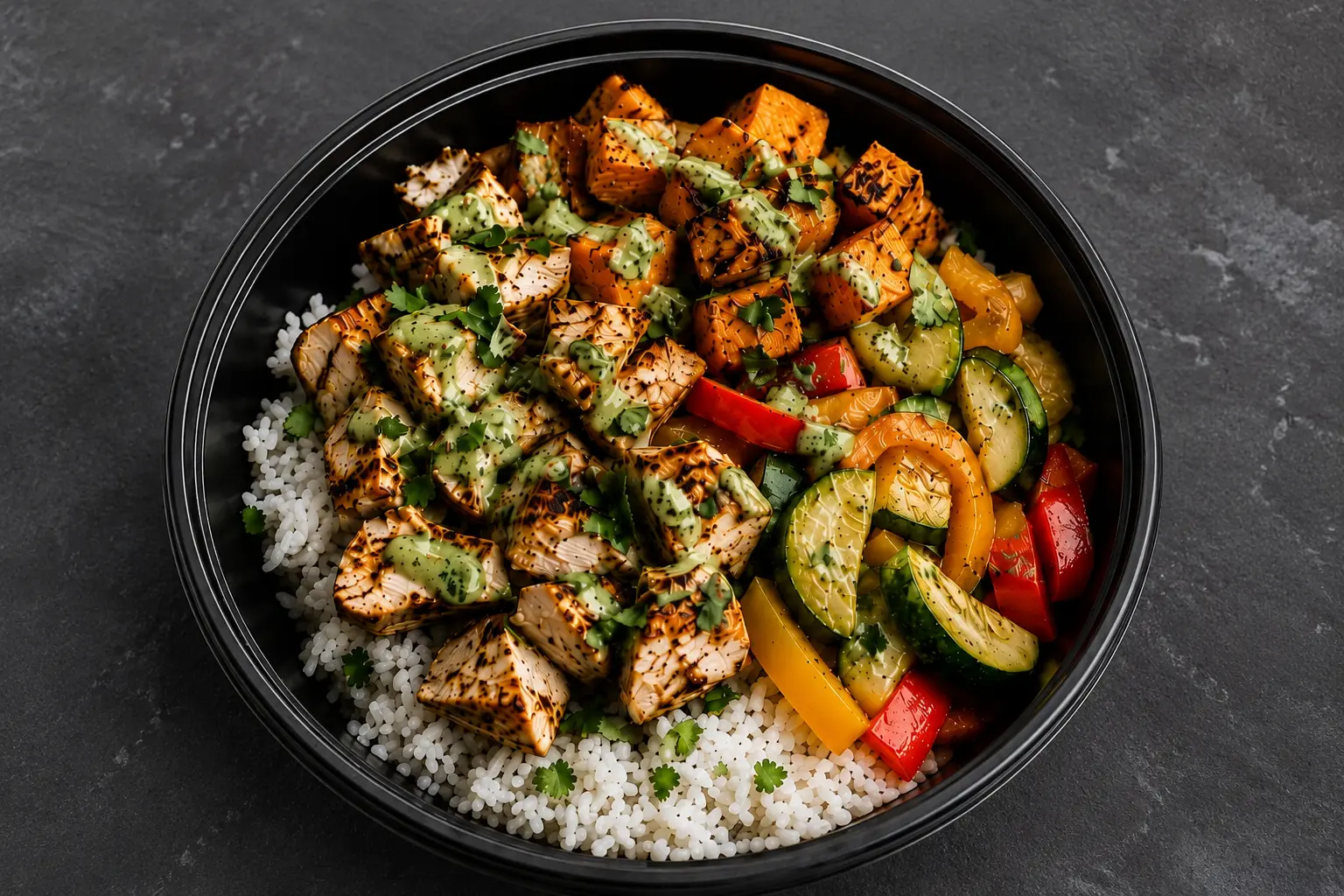 Sweet Potato Chicken Bowl with grilled chicken, roasted sweet potato, white rice, zucchini and bell peppers