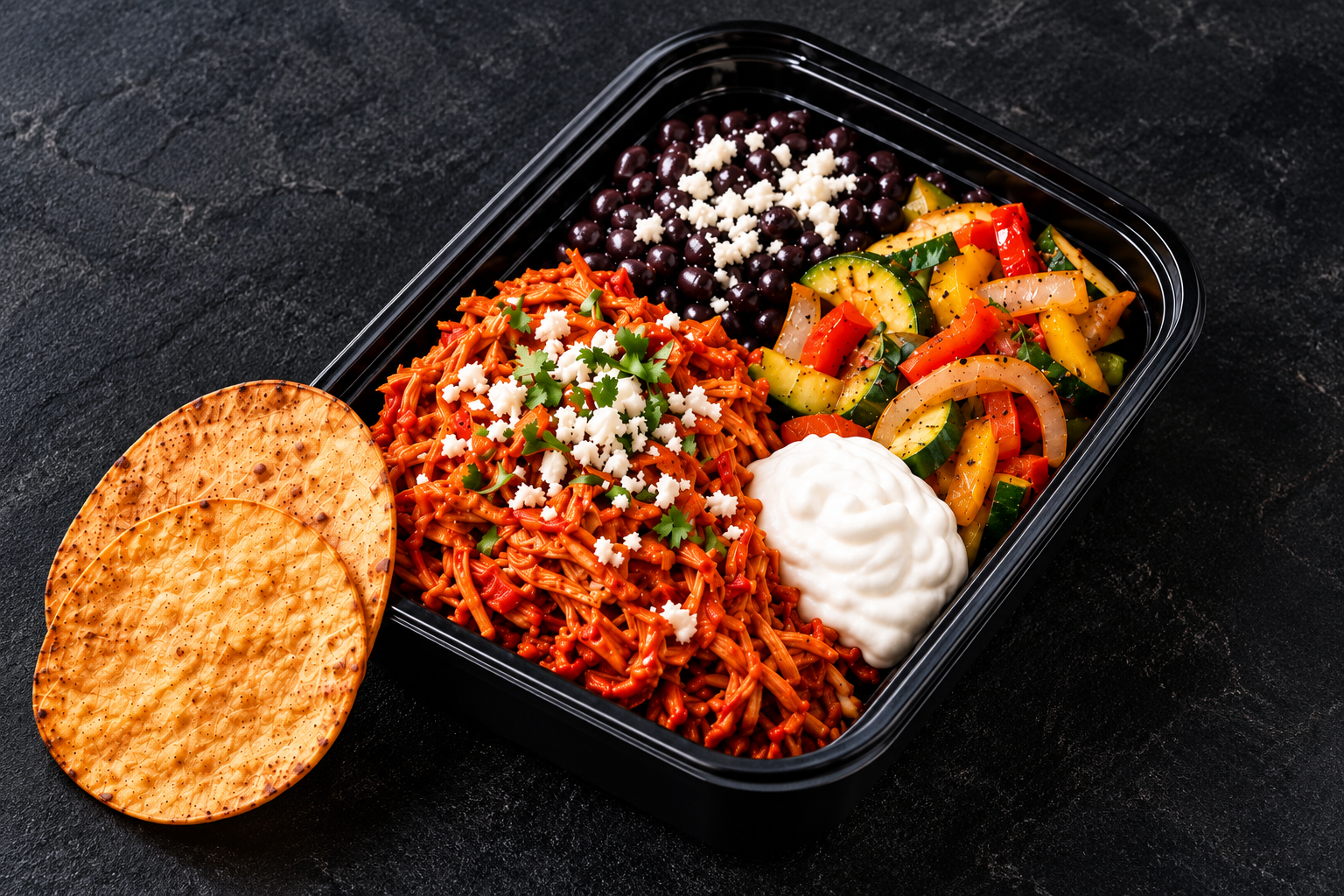 Chicken tinga meal prep with Mexican-inspired sides and vegetables in a black meal prep container