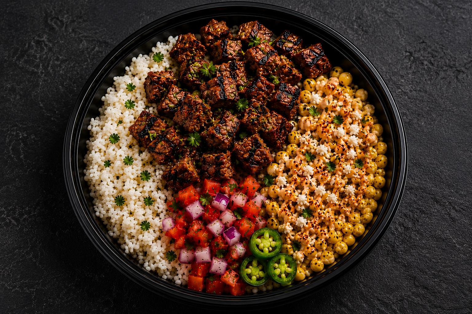 Carne asada bowl with white rice, creamy street corn, tomato and onion toppings and jalapeño