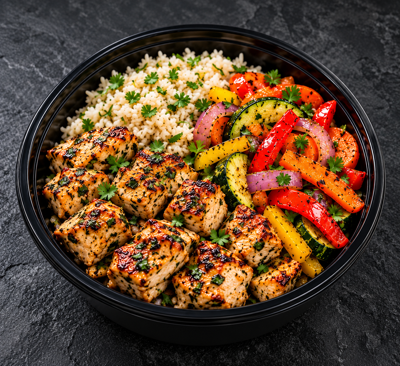 Cilantro Lime Chicken Bites meal prep with rice and colorful roasted vegetables in a black bowl