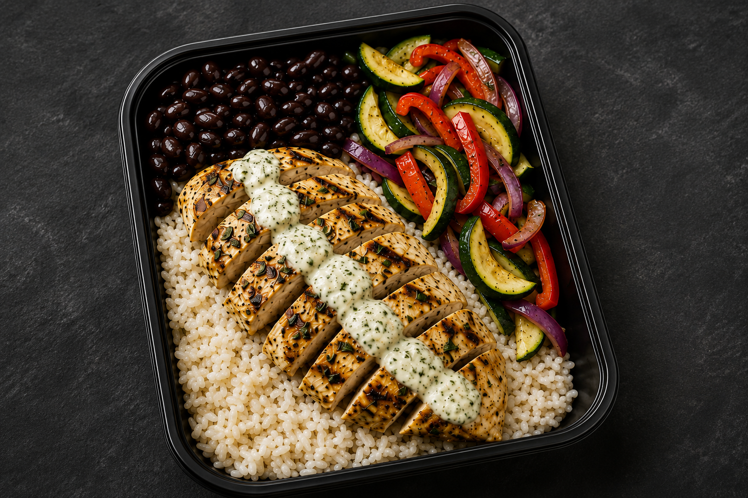 Lemon Herb Chicken Bowl with grilled chicken, white rice, zucchini, bell peppers, red onion and black beans